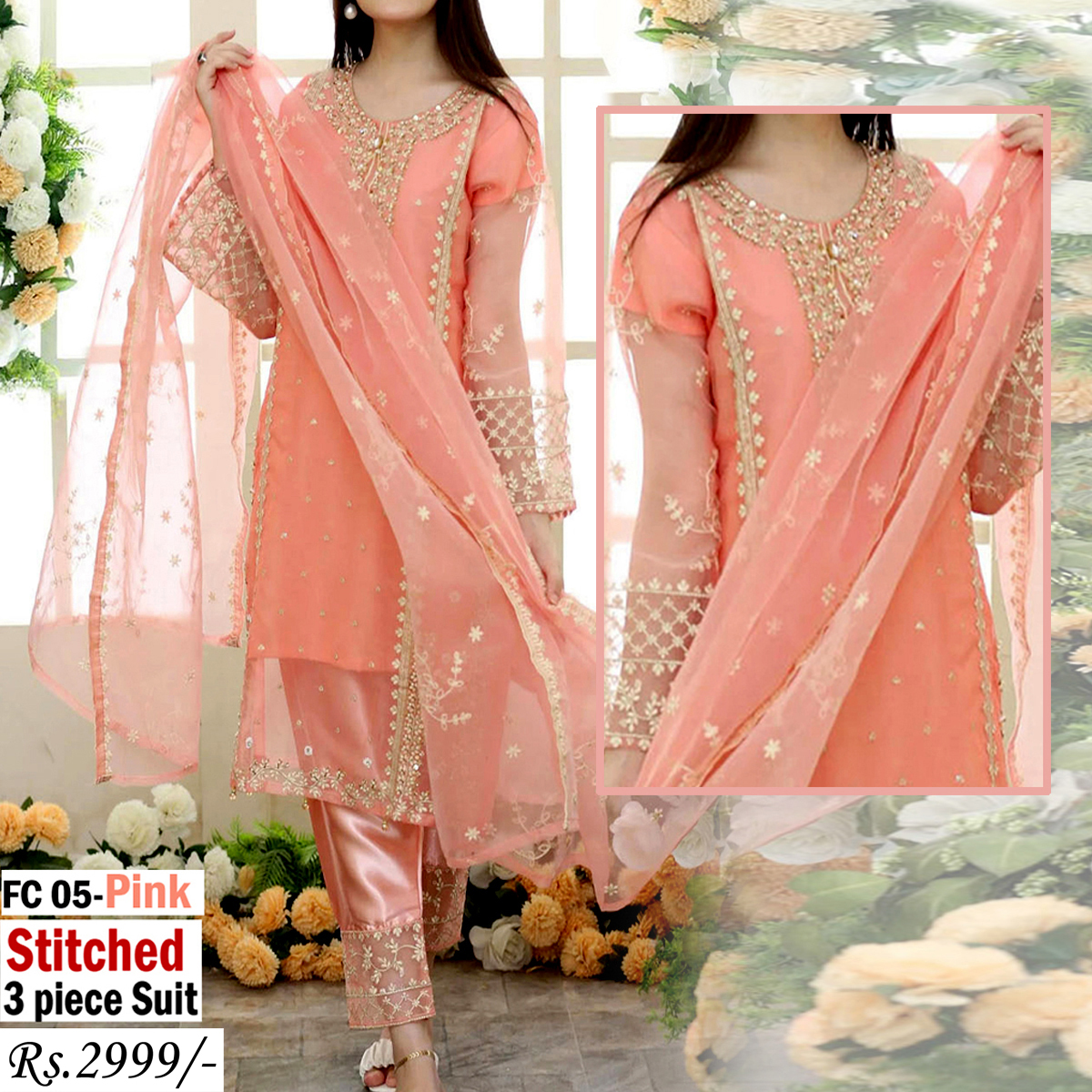 STITCHED 3 piece DRESS LS - 05 Pink