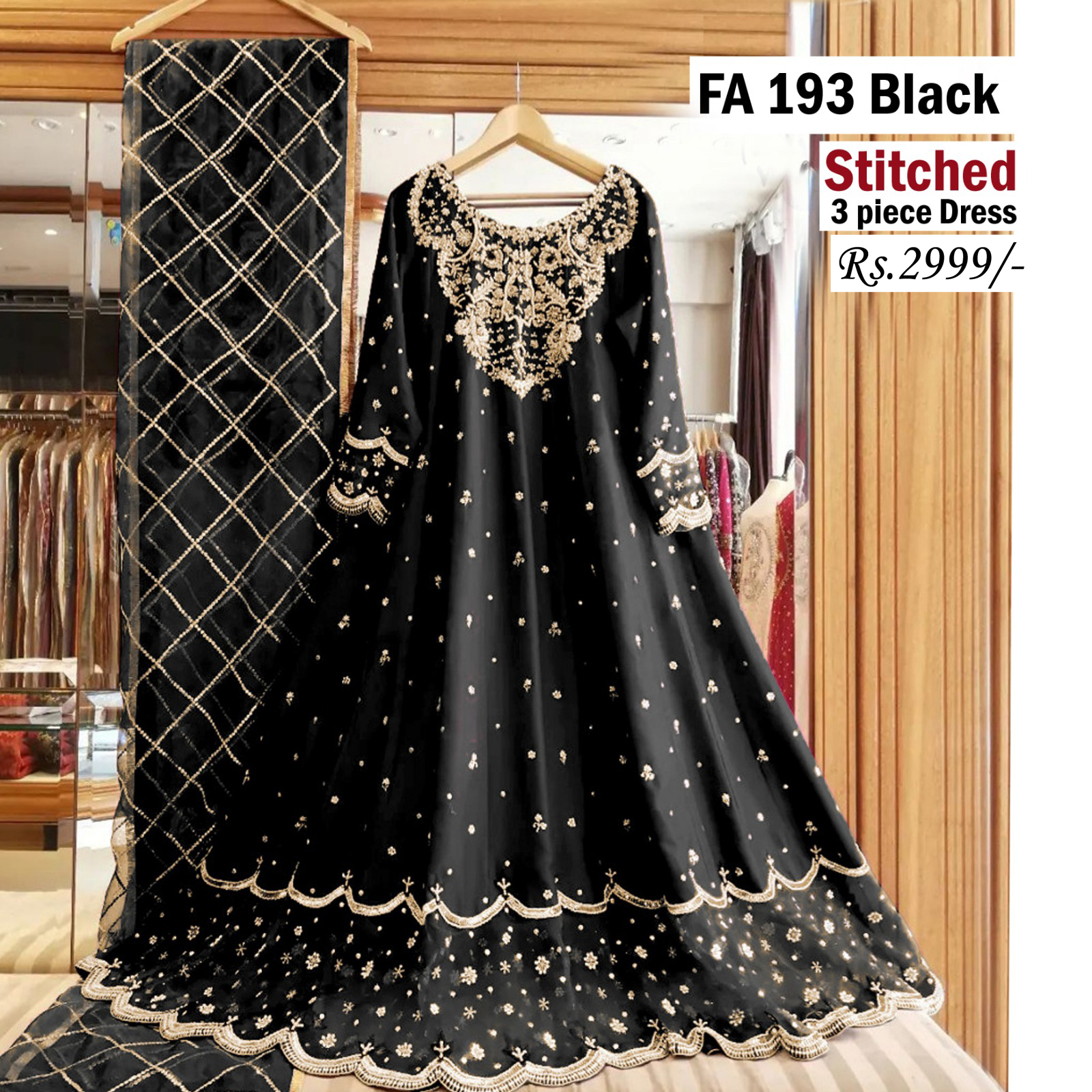 STITCHED 3 piece DRESS LS - 193 Black
